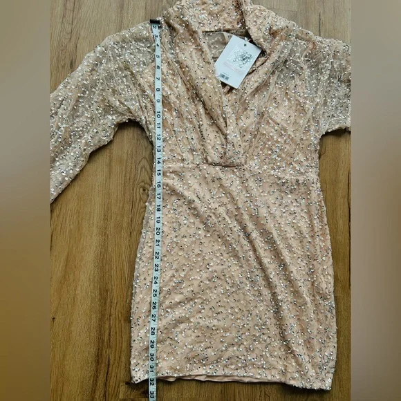 Mac Duggal Beaded Champagne Mini Dress NWT | Long Sleeve Cocktail Size 8 - Picture 10 of 10